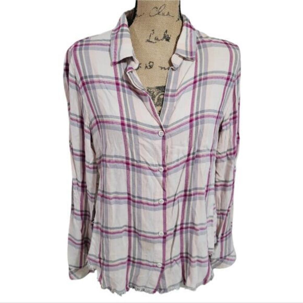 Cloth & Stone Womens Plaid Button Down Shirt Purple Cream‎ Rayon Raw Hem M C2279